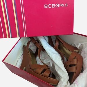 Vintage style BCB girls tan criss-cross adjustable ankle strap heels shoes